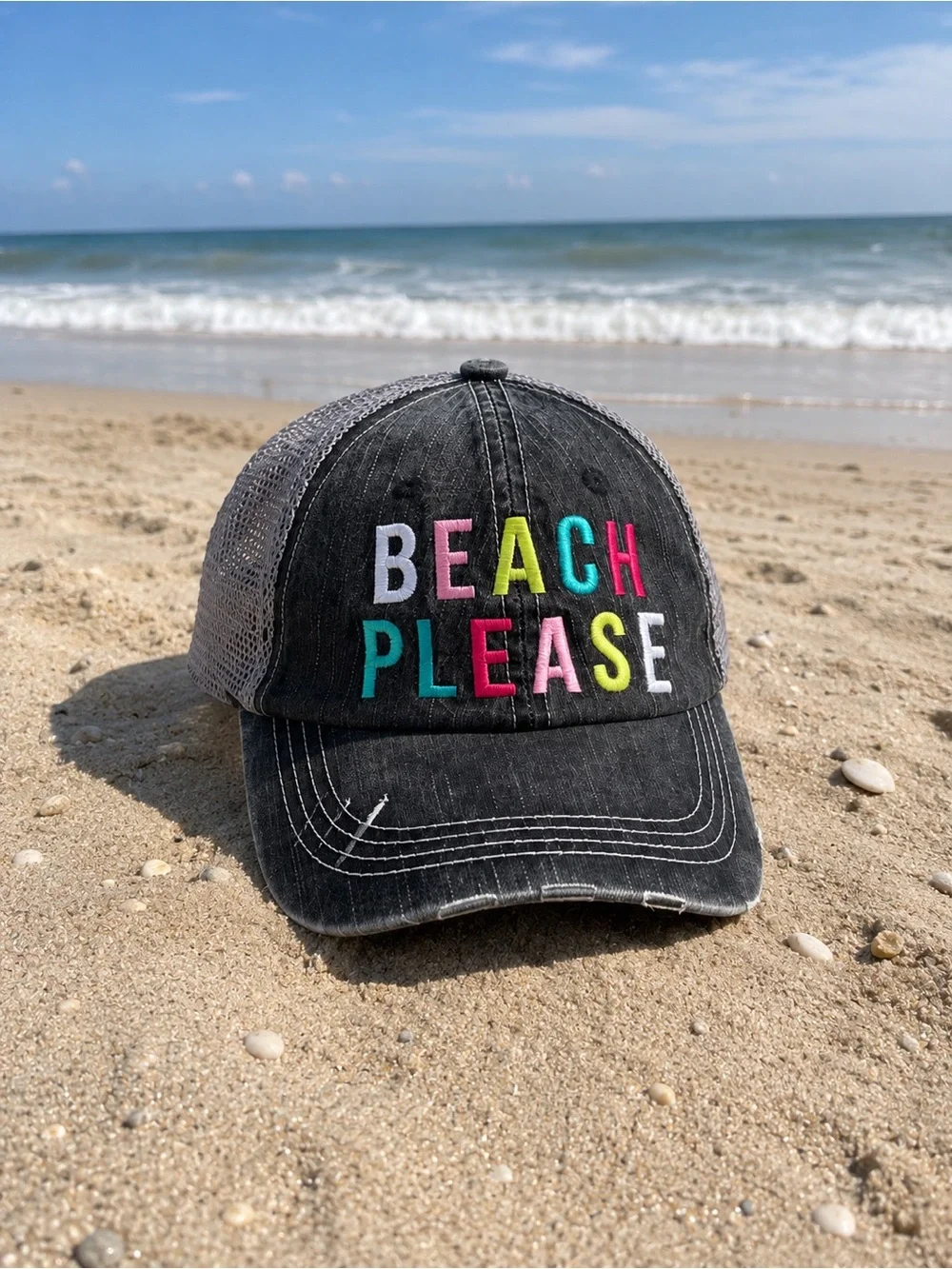 Katydid Gray Trucker Hat Distressed Multicolor Embroidered Letters BEACH PLEAS